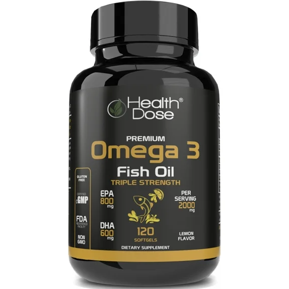 Health Dose Premium Omega 3 Fish Oil. Lemon flavor. 2000 mg. Triple Strength. EPA   DHA. Immune Support, Heart, Brain, Joints, Skin. No Fish Burps. Gluten-Free, Non-GMO. 120 Softgels. 2 Month Supply