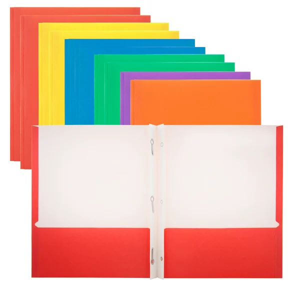 BAZIC 2 Pockets Paper Folder, 3 Metal Prongs Fastener Clips Portfolio, Letter Size Folders, Assorted Color 10-Pack