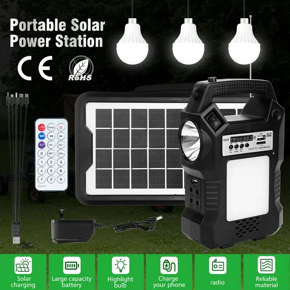 Portable Generator, Portable Power Station Solar Generator with LED Display/MP3 Player/FM Radio, Flashlights & 3 Camp Lamps, Portable Power Bank for Camping Outdoor Family Rv Emergency