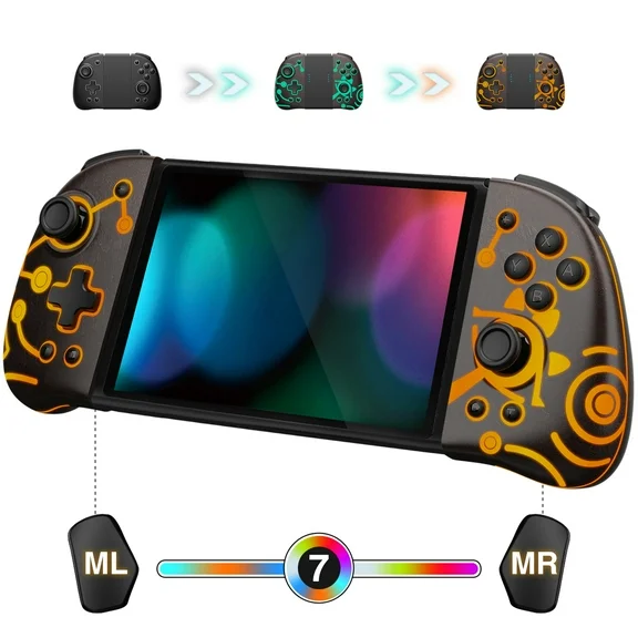 Funlab Luminous Switch Controller Compatible with Nintendo Switch/OLED, Ergonomic Joypad Controller for Handheld Mode with 7 LED Colors/Paddle/Turbo for Zelda Fans - Sheikah Brown