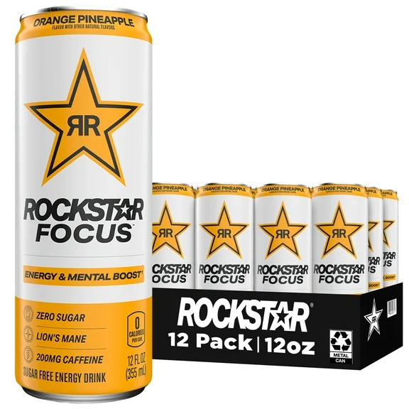 Rockstar Focus Zero Sugar Energy Drink, Orange Pineapple Flavor, Lion’s Mane, Energy & Mental Boost, 12 oz 12 Pack Cans