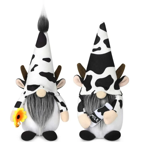 Ayieyill 2PCS Cow Gnome Plush Decorations, Cow Items for Gifts Farmhouse Swedish Gift for Kitchen Shelves , Plush Dairy Cattle Dolls Black and White Crummie Pattern Cow Decor 10.2 inch