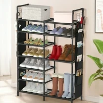 Keenstone 7-Tier Stackable Shoe Rack, Shoes Shelf Storage Organizer with Hooks and Side Pockets, 49"H Shoes Holder, Closet Storage for Entryway, Hallway, Bedroom - Black