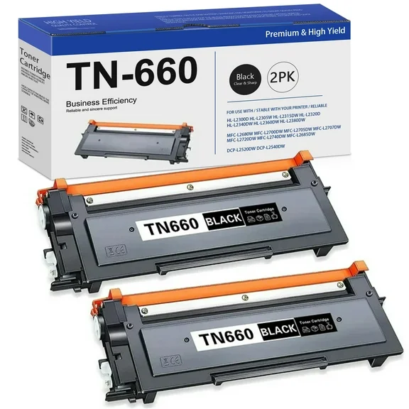 TN660 TN-660 TN630 Toner Cartridge 2 Black Replacement for Brother DCP-L2520DW DCP-L2540DW HL-L2320D MFC-L2705DW Printer TN660 2PK