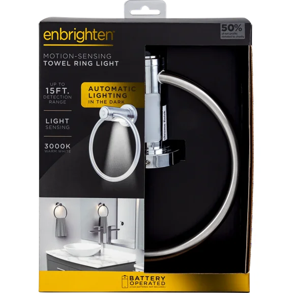 Enbrighten Towel Ring with Battery Operated LED Light, Motion Sensing, Chrome, 77235