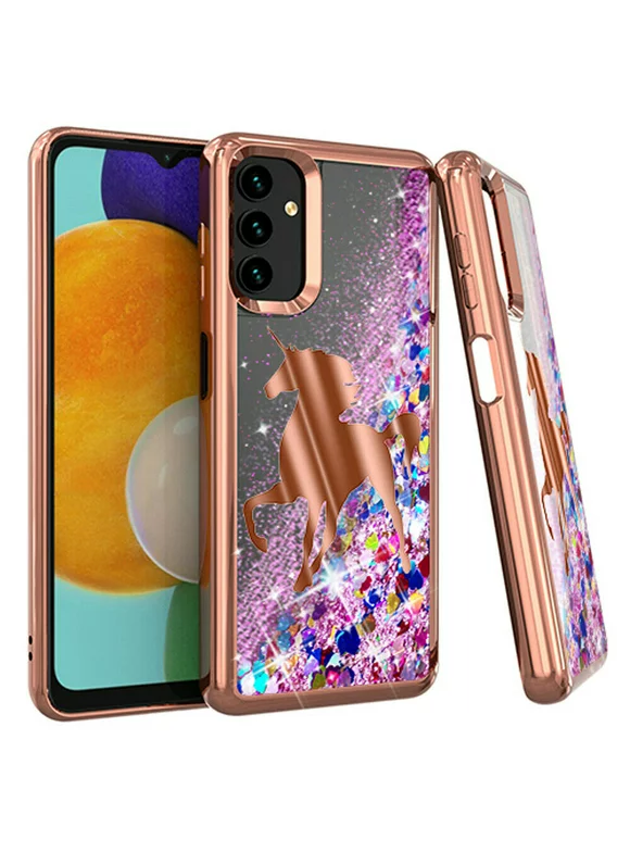 Kaleidio Case For Samsung Galaxy A13 5G [Quicksand Glitter] TPU Gel Slim Hybrid Skin Cover [Liquid Rose Gold Unicorn & Colorful Hearts]