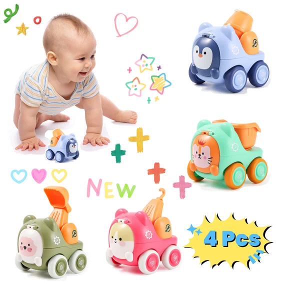 Super Joy Push Forward Cars Toys, 4 Pack Toddler Push Toys for Girls Boys Babies Ideal Birthday Gift for Infant