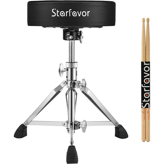 Starfavor Drum Throne Height Adjustable Drum Stool, with 5A Drumsticks Double Braced Anti-Slip feet Swivel for Beginners