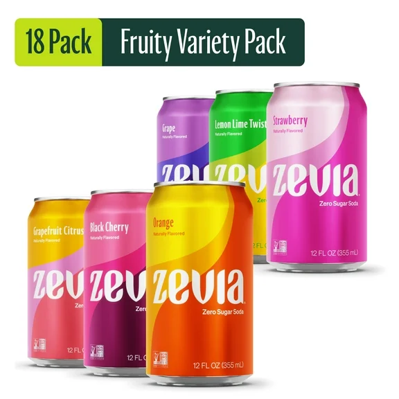 Zevia Zero Sugar, 0 Calorie, Caffeine-Free Soda Pop, Fruit Variety Pack, 12 fl oz, 18 Pack Cans