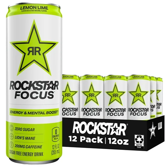 Rockstar Focus Zero Sugar Energy Drink, Lemon Lime Flavor, Lion’s Mane, Energy & Mental Boost, 12 oz 12 Pack Cans