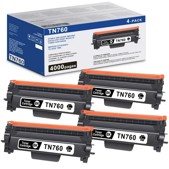 (TN760 4PK, 4000 Pages) TN760 TN-760 Toner Cartridge 4 Pack Compatible for Brother HL-L2395DW L2390DW DCP-L2550DW MFC-L2710DW L2750DW L2750DWXL Printer