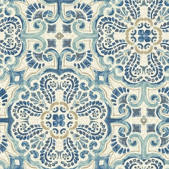 NuWallpaper Blue Florentine Tile Vinyl Peel And Stick Wallpaper, 216-in by 20.5-in, 30.75 sq. ft.