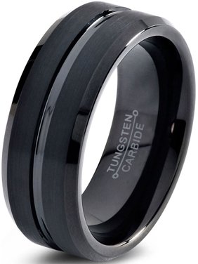 Charming Jewelers Black Tungsten Wedding Band Ring 8 or 10mm for Men Women Comfort Fit Black Beveled Edge Polished Brushed Lifetime Guarantee