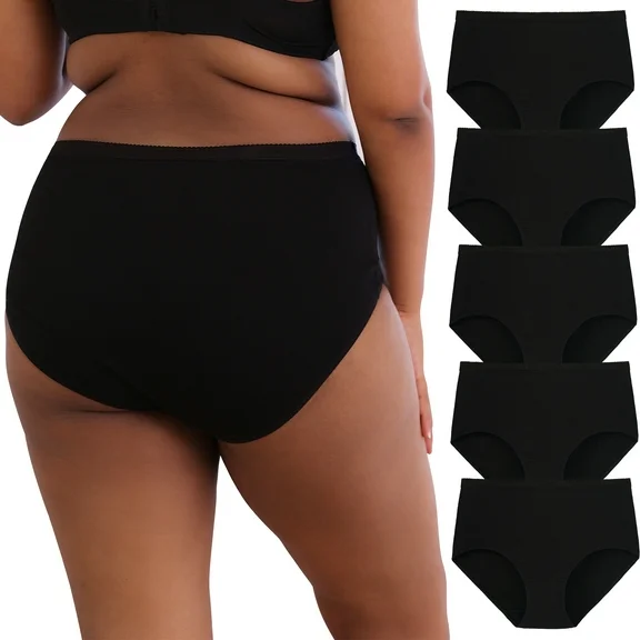 INNERSY Women's Plus Size XL-5XL Cotton Underwear High Waisted Stretchy Briefs 5-Pack(2XL,Black)