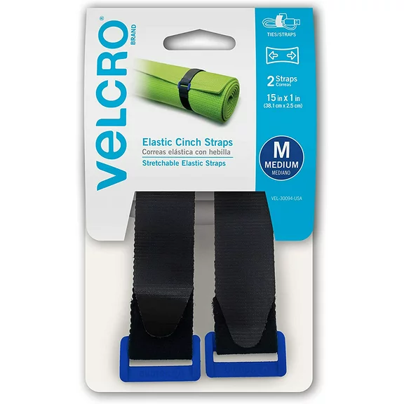 VELCRO Brand Elastic Cinch Straps with Buckle. Adjustable and Stretch for Snug Fit. For Fastening Power Cords, Organizing Camping Equipment And More, 15in x 1in, 2 Count, Black (VEL-30094-USA)