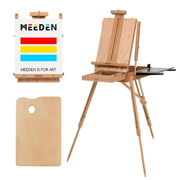 MEEDEN French Easel, Wooden Field Easel, Studio Sketchbox Easel with Artist Drawer, Palette, Hold Canvas to 34", Beechwood - Adjustable Wood Tripod Easel Stand for Painting, Sketching, Display