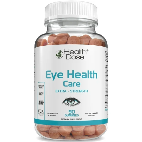 Health Dose Eye Health Care Vitamins Support Eye Strain, Dry Eyes & Visual Performance Apple & Orange Flavor 90 Gummies.