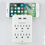 Merkury Innovations 3.1A USB Wall Charger 6-Outlet Extender with 2 USB Charging Ports and Phone Stand, White