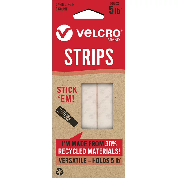 VELCRO Brand ECO Collection Stick On Adhesive Strips 2.5in x 3/4in 30% Recycled Material, 8 Ct White