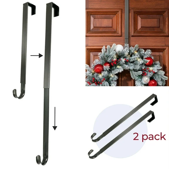 Haute Decor Adapt™ Adjustable Length Wreath Hanger - 2 Pack - Brushed Nickel - Set of 2 Metal Adjustable Over the Door Wreath Hangers for Front Door