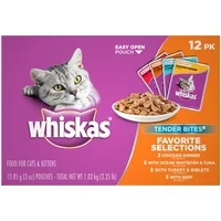 (12 Pack) WHISKAS TENDER BITES Favorite Selections Variety Pack Wet Cat Food, 3 oz. Pouches