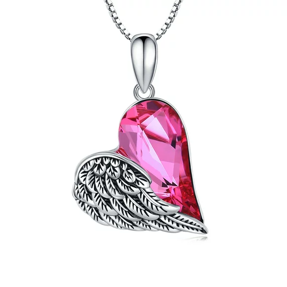 Midir&Etain Heart Angel Wings Necklace 925 Sterling Silver Angel Wing Heart Friendship Pendant Necklace Love Heart Pink Crystal Jewelry Daughter Mother's Day Gift