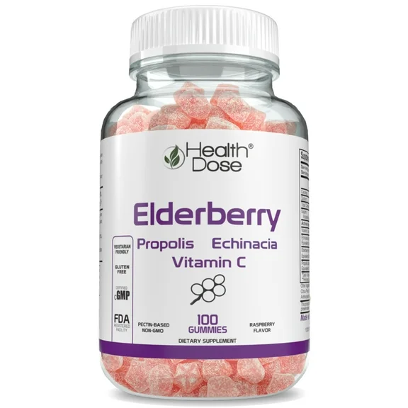 Elderberry Sambucus Gummy Vitamins Men & Women by Health Dose 100 Gummies. With Propolis Extract, Echinacea, Vitamin C, Delicious Raspberry flavor, Vegan - Gluten-Free, Defense, Immune Support Booster