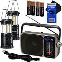 Panasonic Portable AM/FM Radio with Great Reception, Led Tuning Indicator, Compact Size + 4 Batteries + 2 HeroFiber 350 Lumen Lanterns for Camping & Emergency & Cloth, Compatible with Panasonic Radio