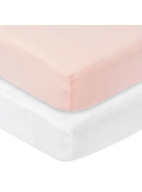 Little Star Organic 100% Pure Organic Cotton Fitted Jersey Knit Crib Sheets, 2 Pk, Pink/White