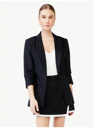 Scoop Women's Linen-Blend Open Front Blazer with Tie Back and 3/4 Scrunch Sleeves