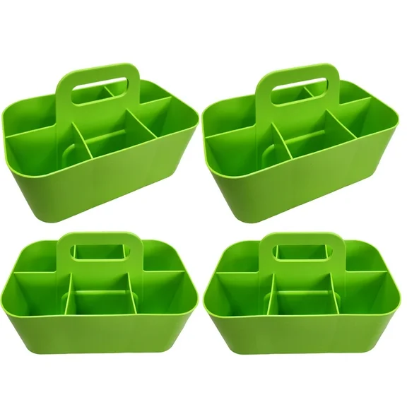 Enjoy Organizer - Small Stackable Plastic Caddy with Handle 6 Compartment | Desk, Makeup, Dorm Caddy, Classroom Art Organizers - 4 Pack, Made In USA Green
