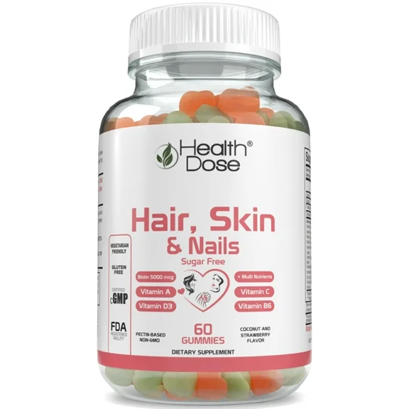 Health Dose Hair Skin Nails With Biotin 5000 mcg, Vitamin A,D3,C & B6, Gluten & Sugar Free, Coconut & Strawberry Flavor 60 Count Gummies.