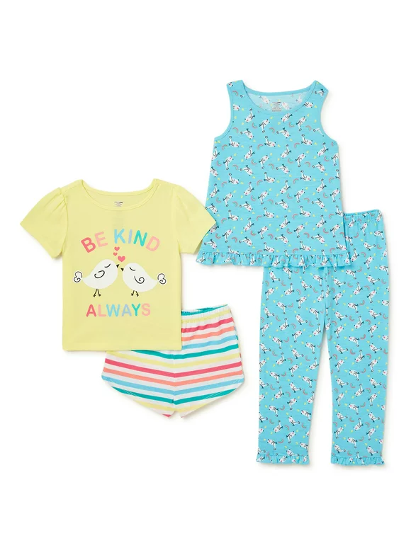 Cozy Jams Baby & Toddler Girls Pajama Tops, Tank, Shorts and Pants, 4-Piece Sleep Set, Sizes 12M-5T