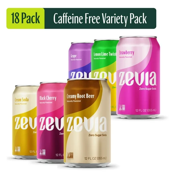 Zevia Zero Sugar, 0 Calorie, Caffeine-Free Soda Pop, Variety Pack, 12 fl oz, 18 Pack Cans
