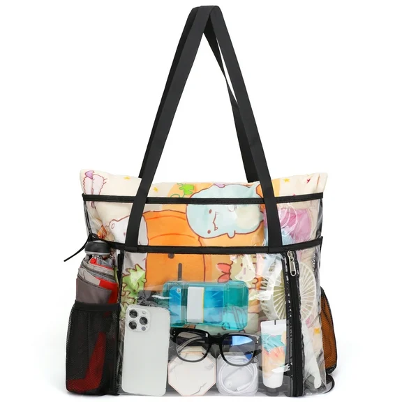 Tinyat Extra Large Beach Bag for Women Clear Tote Bag Mesh Pvc Bag 5-Pockets for Seaside Pool Picnic