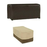 Suncast DBW9200 Mocha Resin Wicker Deck Box, 99-Gallon with Deck Box Cover - Durable and Water-Resistant Patio Furniture Cover