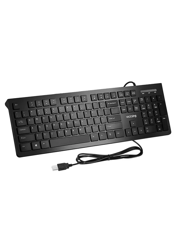 Victsing Quiet Wired Keyboard, Plug Play USB Computer Keyboard Low Profile Chiclet Keys, Full Size, Spill-Resistant, Large Number Pad Foldable Stands Anti-Wear Slim Keyboard for Windows Mac PC Laptop