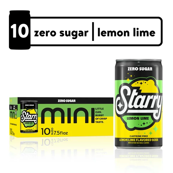 Starry Zero Sugar Lemon Lime Soda Pop, 7.5 fl oz, 10 Pack Mini Cans