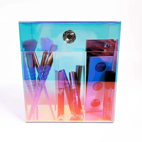 Impressions Vanity Prisma Clear Acrylic Makeup Brush Holder, 3 Slots Makeup Organizer with Flip Top Opening, Iridescent Plastic Vanity Organizers Storage Case for Cosmetic, Skincare Accessories