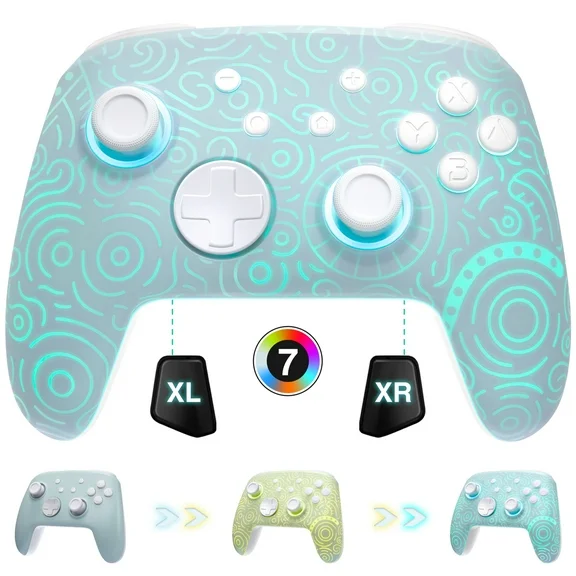[Luminous Pattern] Switch Pro Controller Wireless Compatible with Nintendo Switch/OLED/Lite, FUNLAB Firefly Bluetooth Remote Gamepad with 7 LED Colors/NFC/Paddle/Turbo for Zelda Fans - Mystic Cyan