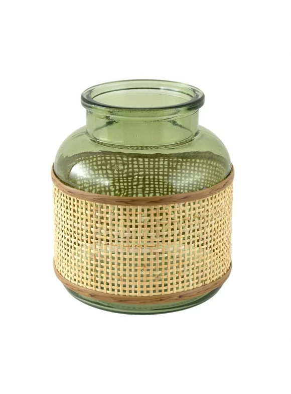 6" Green Translucent Glass Indoor Tabletop Vase with Natural Rattan Caning Wrap