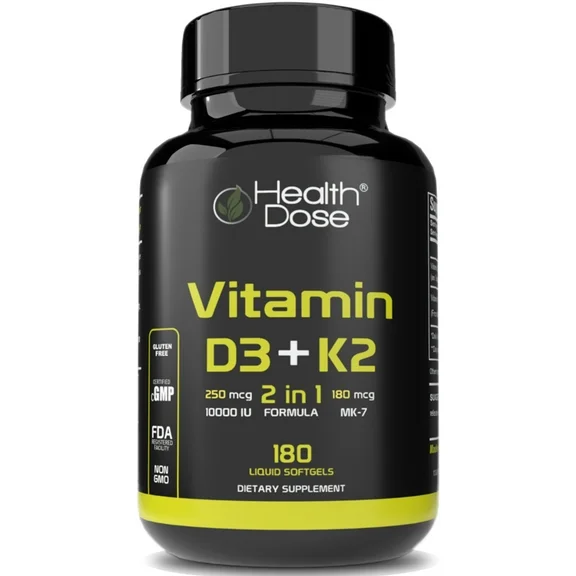 Health Dose Vitamin D3   K2 10.000 IU With K2 MK-7 with D3 Vitamin Supplement, 2 in 1 Immune Support, Heart, Joint, Teeth & Bone Health 180 Softgels.