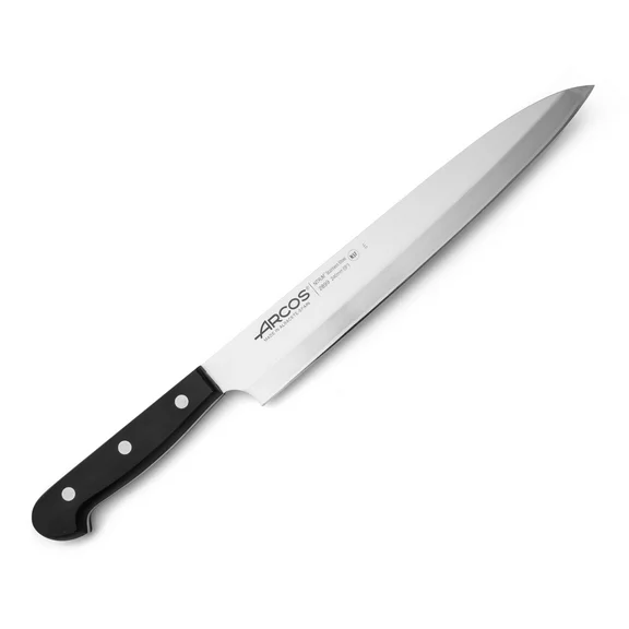 ARCOS 9.5" Stainless Steel Chef Knife, Yanagiba Asian, Black Handle, 240mm Blade.