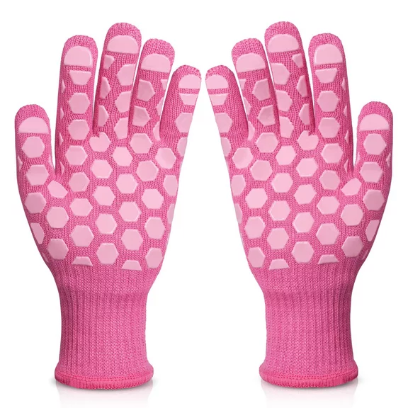 OZERO 932°F Heat Resistant BBQ Oven Safety Gloves - with Anti-Slip Silicone Kitchen Grilling Mitts for Barbecue, Cooking, Baking for Women Pink