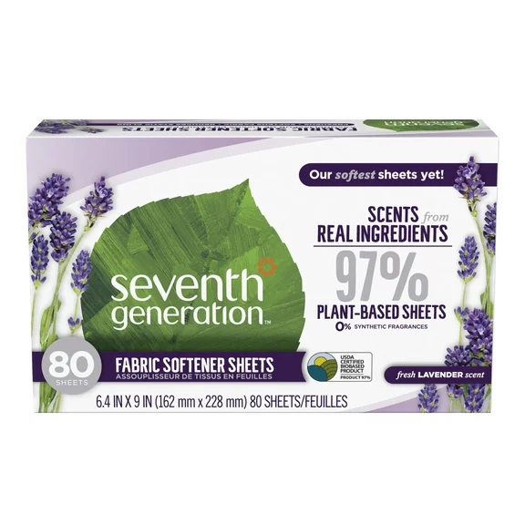 Seventh Generation Fabric Softener Dryer Sheets, Floral Lavender, 80 Count
