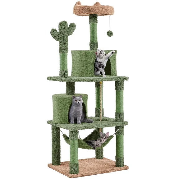 Topeakmart 62.5″ H Cactus Cat Tree with Padded Perch 2 Condos for Medium-sized Cats, Green/Brown