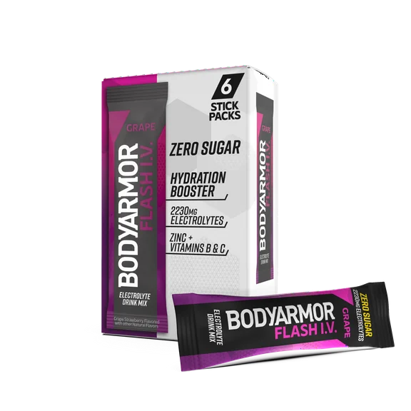 BODYARMOR Flash I.V. Electrolyte Powder Sticks, Zero Sugar Drink Mix, Grape, 6pk