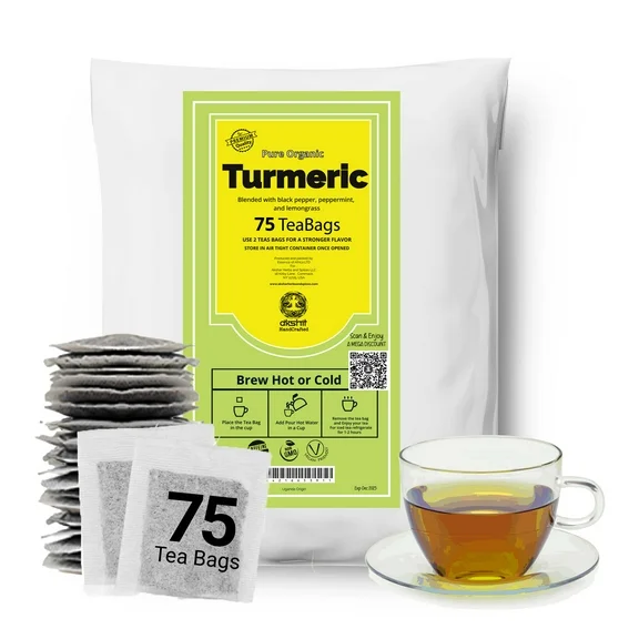Akshit 75 Organic Turmeric Tea Bags, Turmeric Tea Blend, Turmeric Tea With Black Pepper,  Te De Curcuma, Caffeine-Free, Herbal Tea