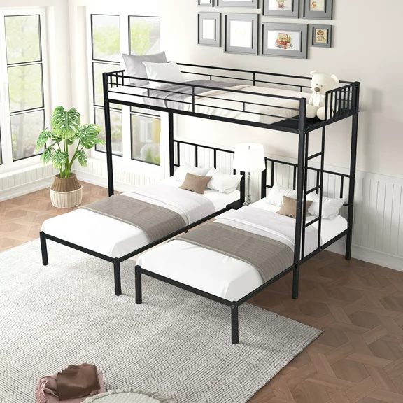 KOFUN Metal Triple Bunk Beds, Twin over Twin over Twin Bunk Bed for Kids and Adults, Can be Separated into 3 Twin Beds, No Box Spring Needed, Black