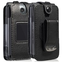 Case for Go Flip Phone, Nakedcellphone [Black Vegan Leather] Form-Fit Cover with [Built-In Screen Protection] and [Metal Belt Clip] for Alcatel Go Flip V, MyFlip 4G, QuickFlip, AT&T Cingular Flip 2